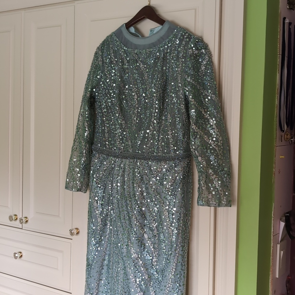 Sequin Long Sleeve Maxi Dress in Light Teal